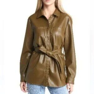Vero Moda Faux Leather Shirt Jacket Belted Olive Green Large